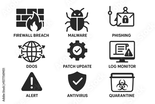 Cybersecurity icons: firewall breach, malware, phishing, and antivirus symbols
