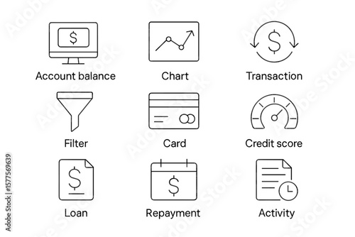 Financial icons: account balance, transaction, credit score, loan, repayment tools