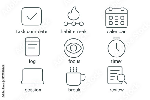Task management icons: completion, habit, calendar, log, focus, timer, session, break, review