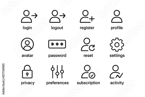 User interface icons: login, logout, register, profile, settings, privacy, subscription