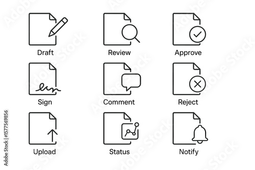 Set of document management icons: draft, review, approve, sign, comment, reject, upload, status, notify
