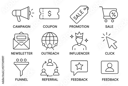 Marketing icons set illustrating campaigns, coupons, promotions, sales, and feedback