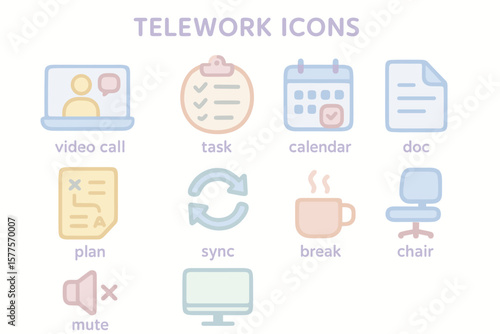 Telework icons: video call, task, calendar, document, plan, sync, break, chair, mute