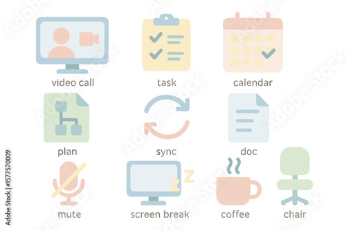 Video call and productivity icons: task, calendar, sync, mute, coffee
