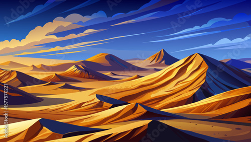 Golden sand dune under clear blue sky in the Sahara Desert. Bright natural landscape, peaceful and arid environment, iconic African scenery, travel and nature concept
