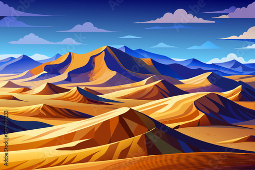Golden sand dune under clear blue sky in the Sahara Desert. Bright natural landscape, peaceful and arid environment, iconic African scenery, travel and nature concept