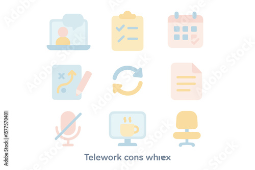 Remote work icons: video call, clipboard, calendar, and more