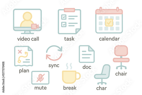 Video call icon set with calendar, task, plan, sync, mute, break, chair, document graphics