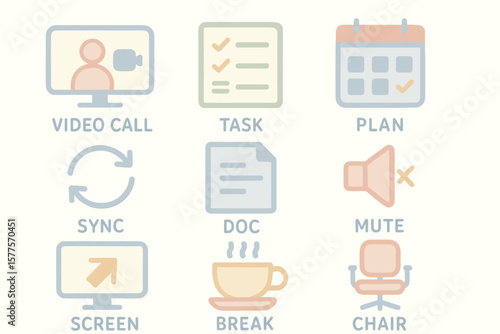 Icons representing video call, task management, planning, syncing, and more