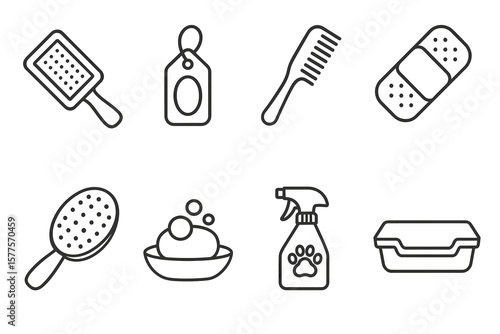 Pet grooming icons: brush, shampoo, comb, bandage, scrubber, soap, spray, box