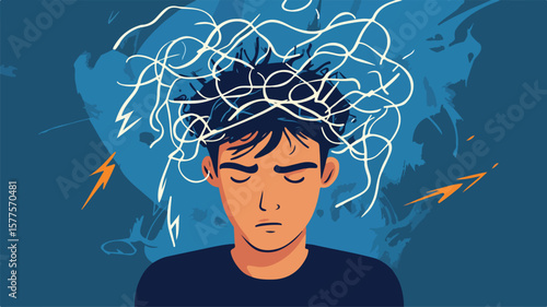 Intense Man with Tangled Thoughts and Lightning Bolts in Mind