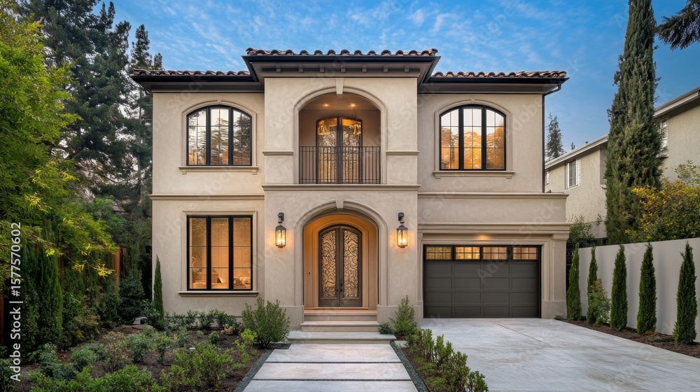 This beige two-story house boasts a central arched window, detailed facade, and a garage. Green plants surround the entrance, adding to its graceful charm. This beige two-story house boasts a central arched window, detailed facade, and a garage. Green plants surround the entrance, adding to its graceful charm.