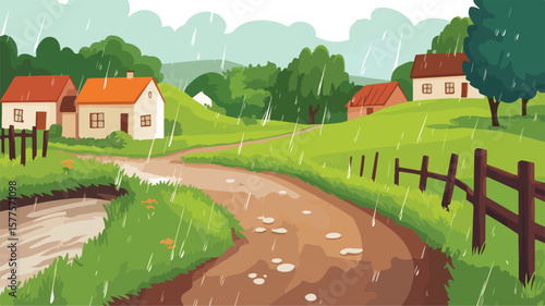 Scenic Village Path Transformed by Rain into Babbling Stream - Tranquil Nature Scene