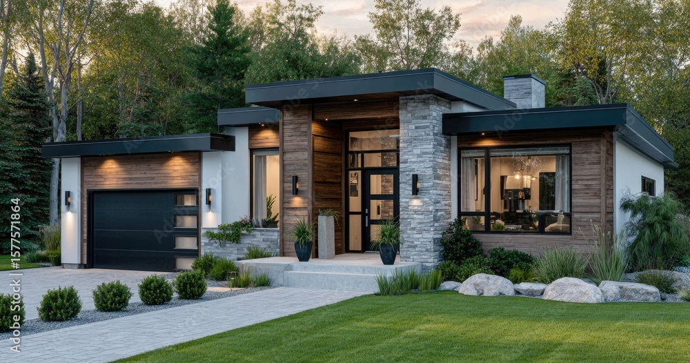 A modern, minimalist-style home with dark brown wood cladding and white walls at the front A modern, minimalist-style home with dark brown wood cladding and white walls at the front