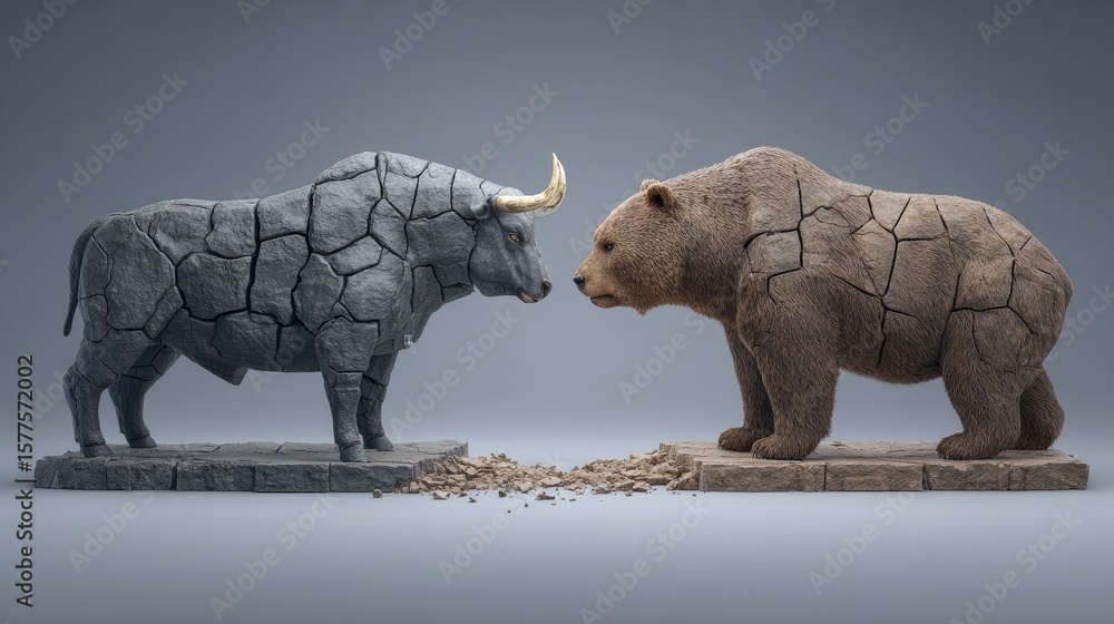 Fototapeta premium Crumbling bull and bear statues symbolizing financial crisis in america stock trading market gigapixel art