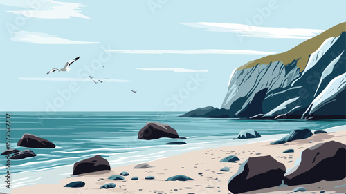 Tranquil Shoreline at Low Tide with Exposed Rocks