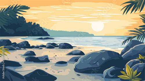 Tranquil Low Tide Beach with Exposed Rocks for Relaxation and Serenity