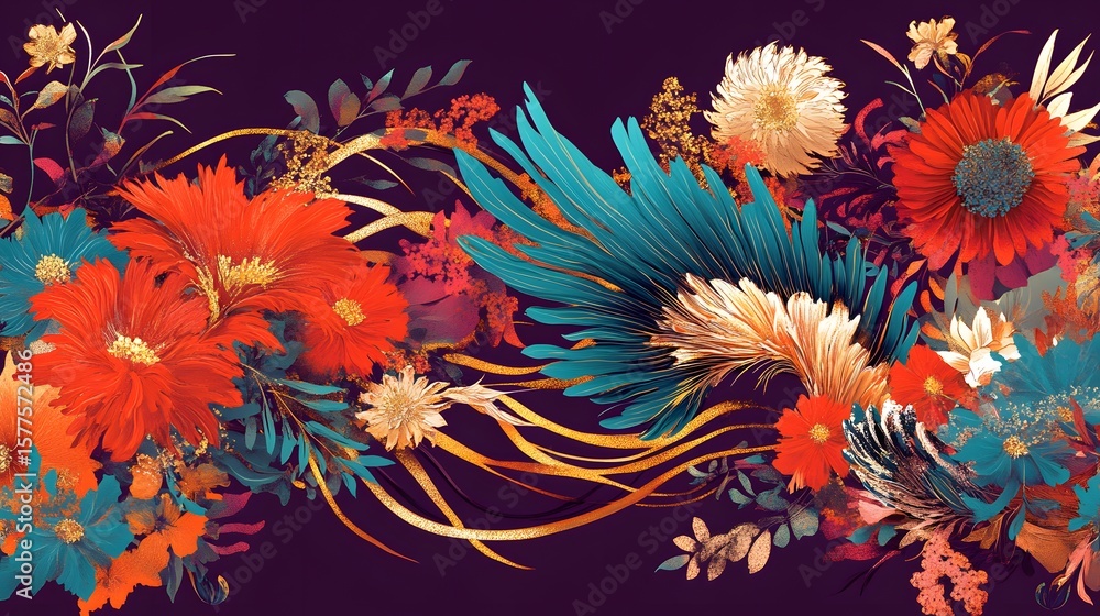 Obraz premium Vibrant Autumn Floral Design with Gold Accents