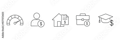 Loan and financing credit score home education business personal money vector icon set for financial service outline banking concept illustration.