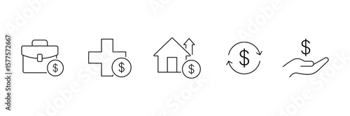 Business medical mortgage refinance support payment loan and financial help icon set in outline style vector illustration.