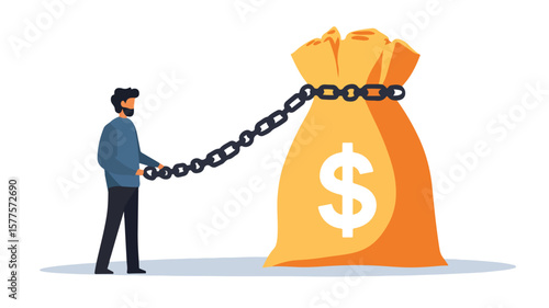 Financial Burden: Person Chained to Heavy Money Bag with Dollar Symbol