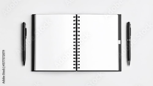 Open spiral notebook with blank pages and two pens