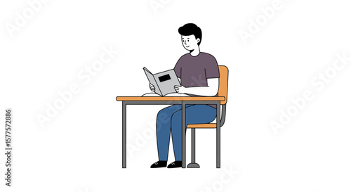 Student / Man Reading Book at Desk: Focus on Education & Learning