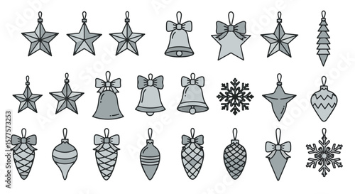 A diverse set of Christmas vector icons featuring various holiday shapes, food, and decoration illustrations like stars, snowflakes, Santa hats, and gift balls