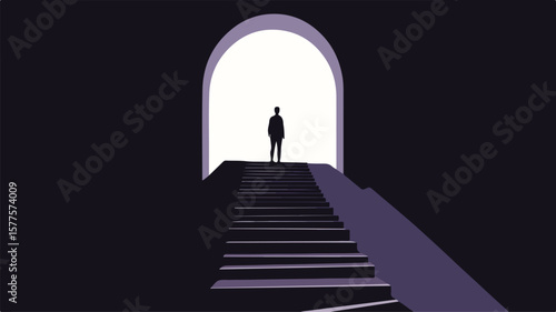 Mysterious Silhouette Ascending Stairs Leading to Light