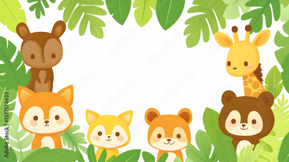 Naklejka premium Cartoon animals in a tropical leaf frame