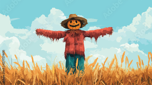 Scarecrow Standing in Crop Field After Rain - Professional Stock Image