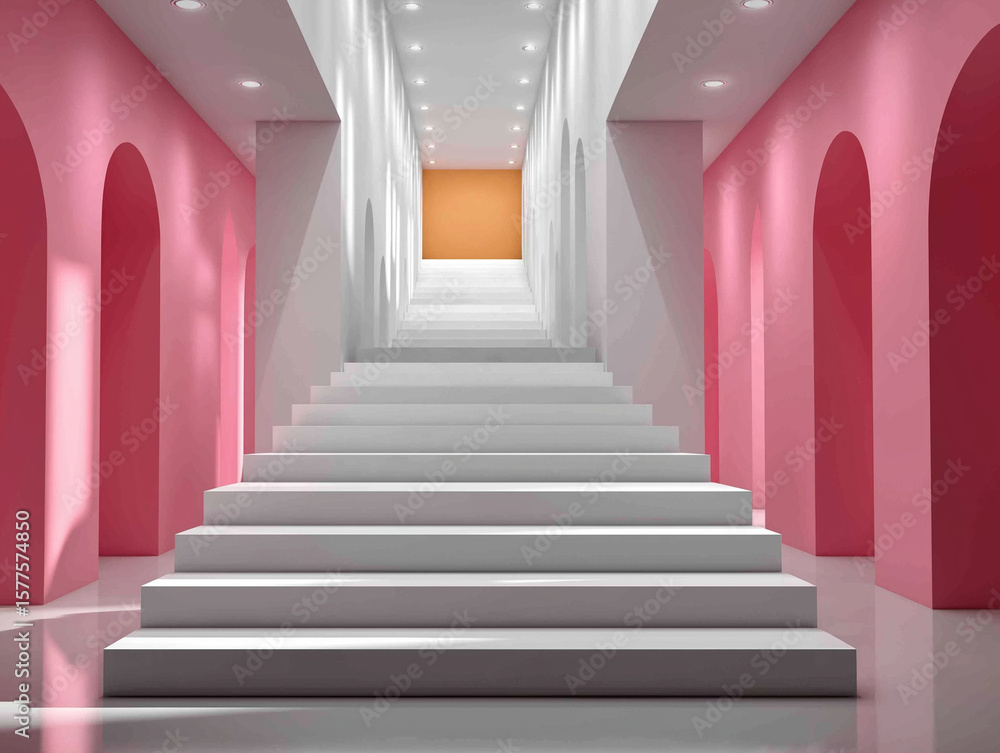 Obraz premium Ascending Perspective: A modern architectural interior featuring a grand staircase leading upwards, bathed in soft light and leading to a striking orange glow, creating a sense of anticipation.