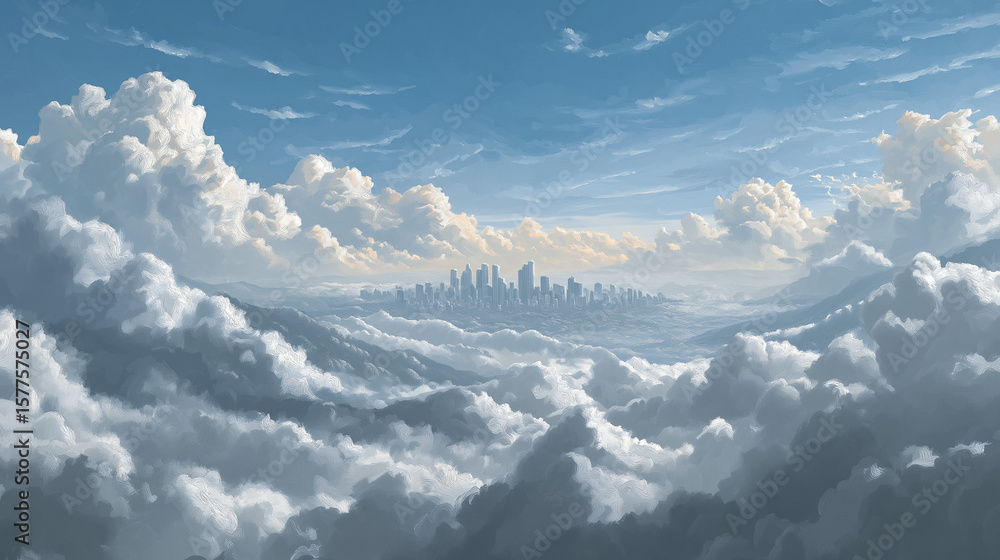 Obraz premium Cloudscape Cityscape: A breathtaking view of a distant cityscape is emerging from a sea of fluffy clouds, creating a dreamlike panorama of a natural wonder.