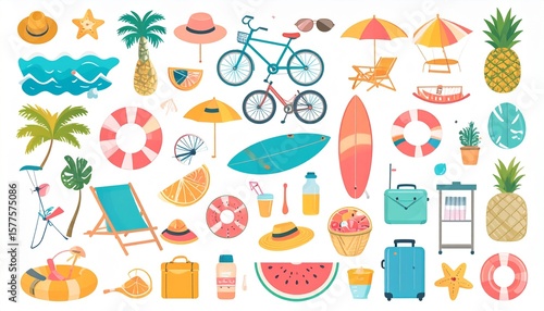 ilustración, collage de íconos y objetos relacionados con el verano, la playa y las vacaciones, presentados sobre un fondo blanco. Los objetos están dibujados en un estilo plano y colorido.