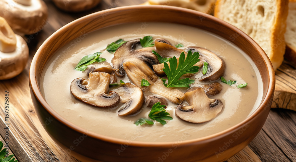 Sopa cremosa de cogumelos com pão, com purê de cogumelos e fatias de cogumelos por cima. Servida em uma tigela sobre fundo de madeira. Sopa cremosa de cogumelos com pão, com purê de cogumelos e fatias de cogumelos por cima. Servida em uma tigela sobre fundo de madeira.
