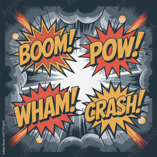 Comic Book Explosion Boom, Pow, Wham, Crash Sound Effects