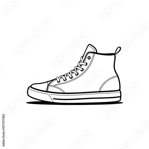 Sneaker Silhouette: A sleek line drawing showcases a stylish high-top sneaker, exuding simplicity and elegance. Its clean lines and minimalist design offer versatility and timeless appeal.