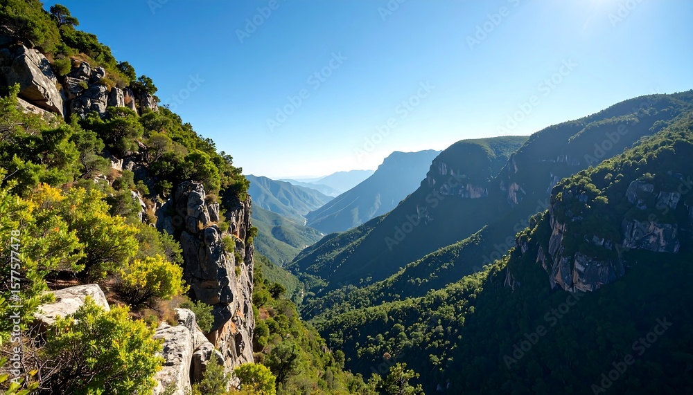 Fototapeta premium Mountain valley vista under a bright sky