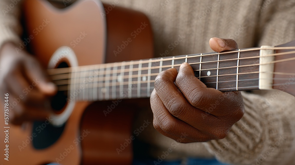 Fototapeta premium Gentle music artist playing acoustic guitar in soft afternoon light leisurely scene captured with skillful instrument mastery