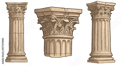 Crayon drawing set of ancient columns PNG