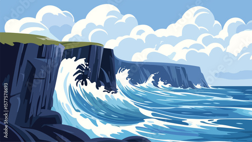 Dramatic Windswept Coastal Cliff with Crashing Waves Stock Photo