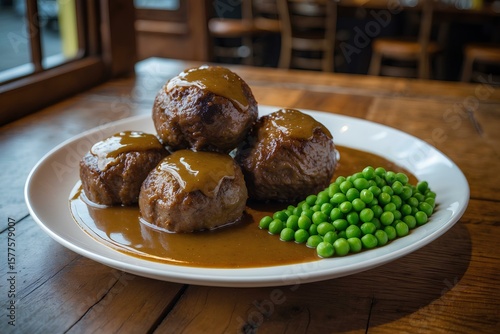Faggots and Peas - United Kingdom Food Favorite Offering a Nostalgic Taste of Classic British Comfort, Made From Savory Offal and Served With Peas in a Homestyle Gravy Sauce