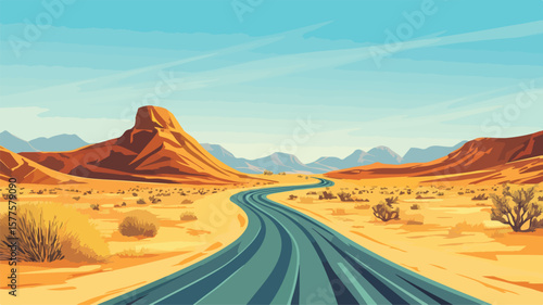 Majestic Windswept Desert Road Vanishing into Dramatic Sky