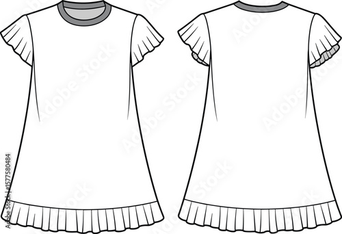 Girls pleated short sleeve dress fashion flat sketch with contrast neckband and hem detail, CAD drawing vector illustration
