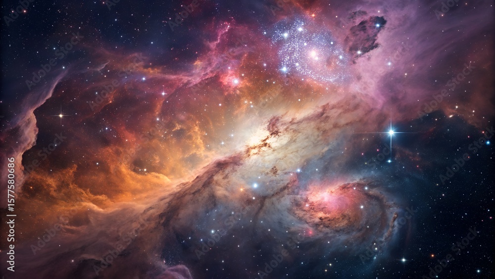 Naklejka premium Cosmic nebula with vibrant clouds and stars shines in the dark expanse of the universe, creating a mesmerizing spectacle of celestial beauty.
