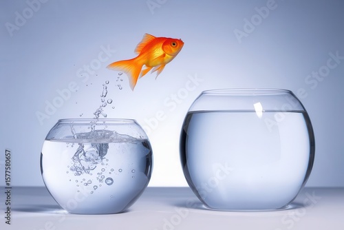 Bright gold fish leaping between bowls in a bold act of freedom display