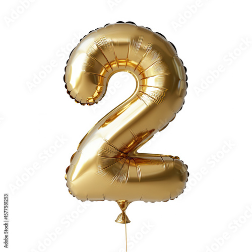 Shiny gold balloon shaped like the number two isolated on transparent background