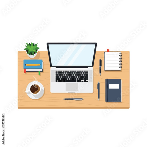 Flat lay of a modern workspace with laptop, coffee, books, and stationery.