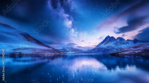 Serene landscape featuring mountains and reflective lake starry