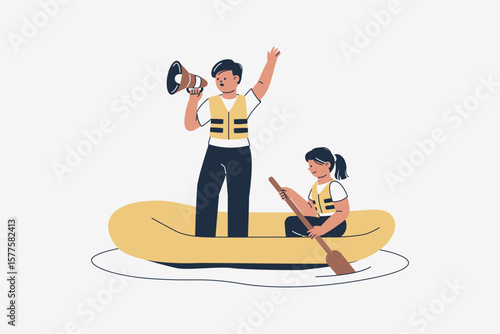 Illustration of Rescuers in Boat Help People Suffering